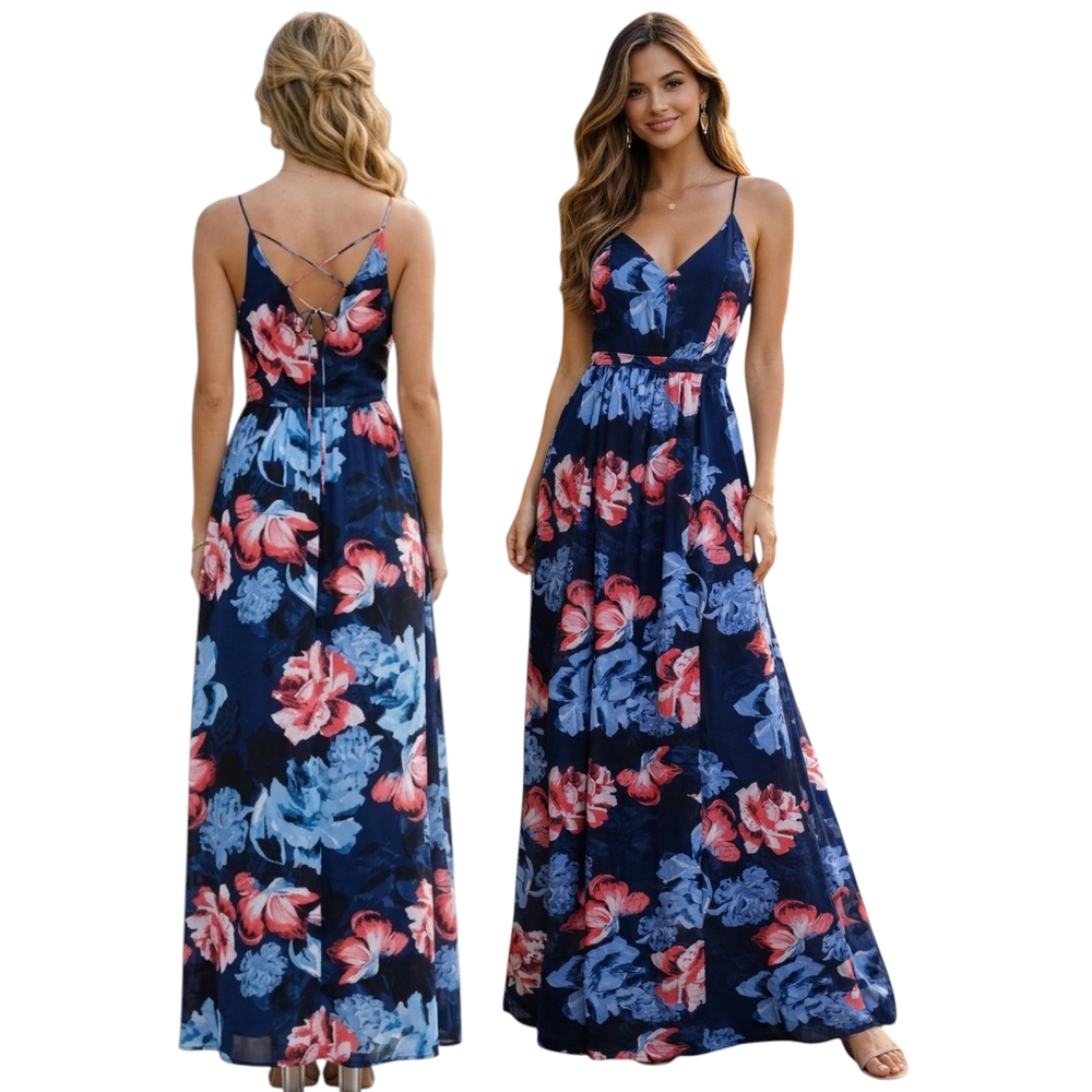 1.STATE Floral Lace-Up Back Maxi Dress Navy Blue XS Slit